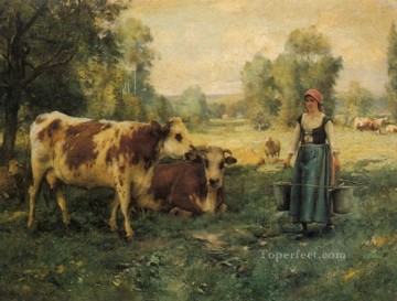 ジュリアン・デュプレ Painting - 牛乳を注ぐメイドと牛と羊の農場の生活 リアリズム ジュリアン・デュプレ